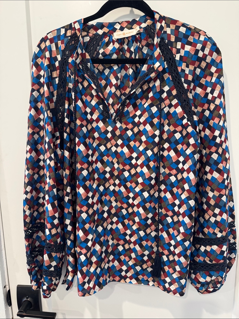 Tory Burch Geometric Diamond-Print Long Sleeve Blouse - size 10